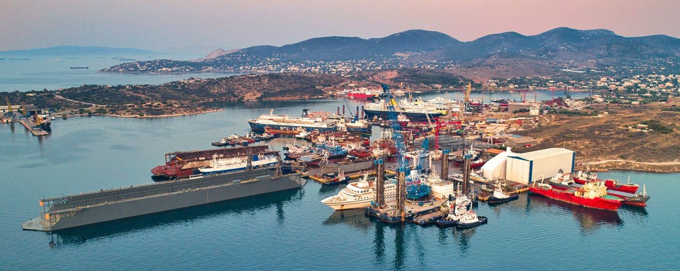 Aerial view of shipyard near Piraeus with vessels in repair