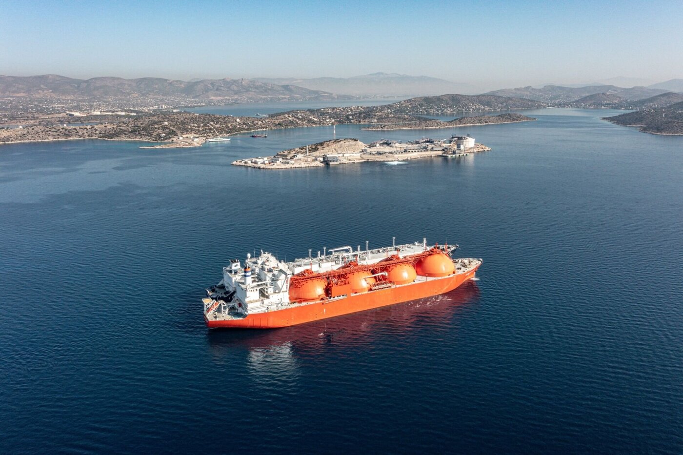 LNG carrier approaching Revithoussa terminal in the Gulf of Megara