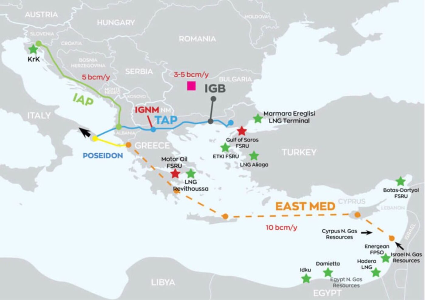 Eastern Mediterranean energy infrastructure and pipeline map