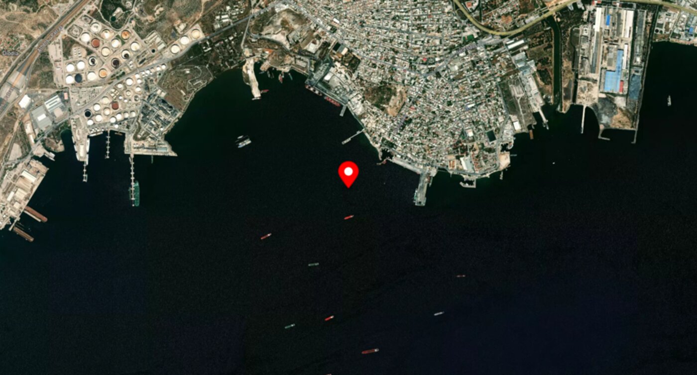 Satellite view of Eleusis Bay with vessels at anchor