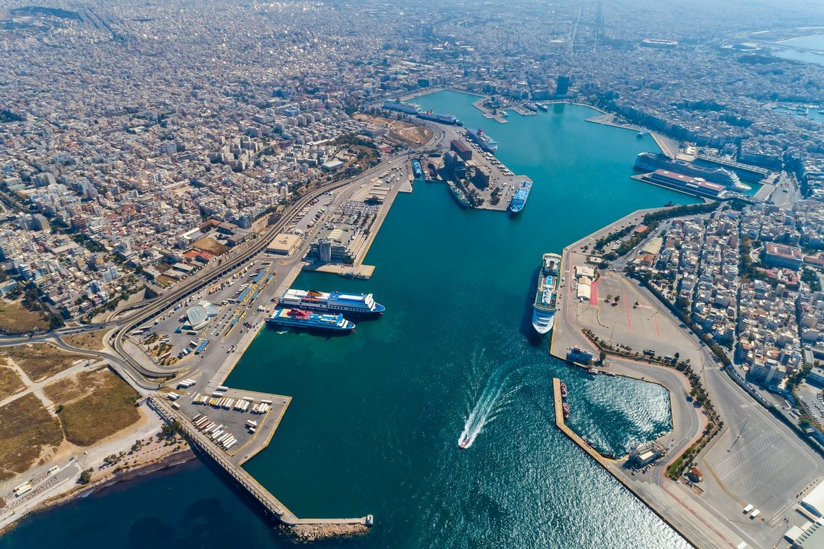 Aerial view of the Port of Piraeus cruise terminals with cruise ships and ferries alongside