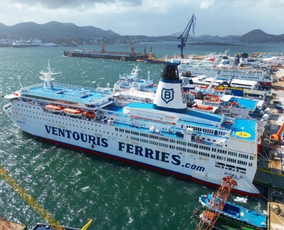 Ventouris Ferries passenger vessel in a floating dock at the Perama Ship Repair Zone near Piraeus