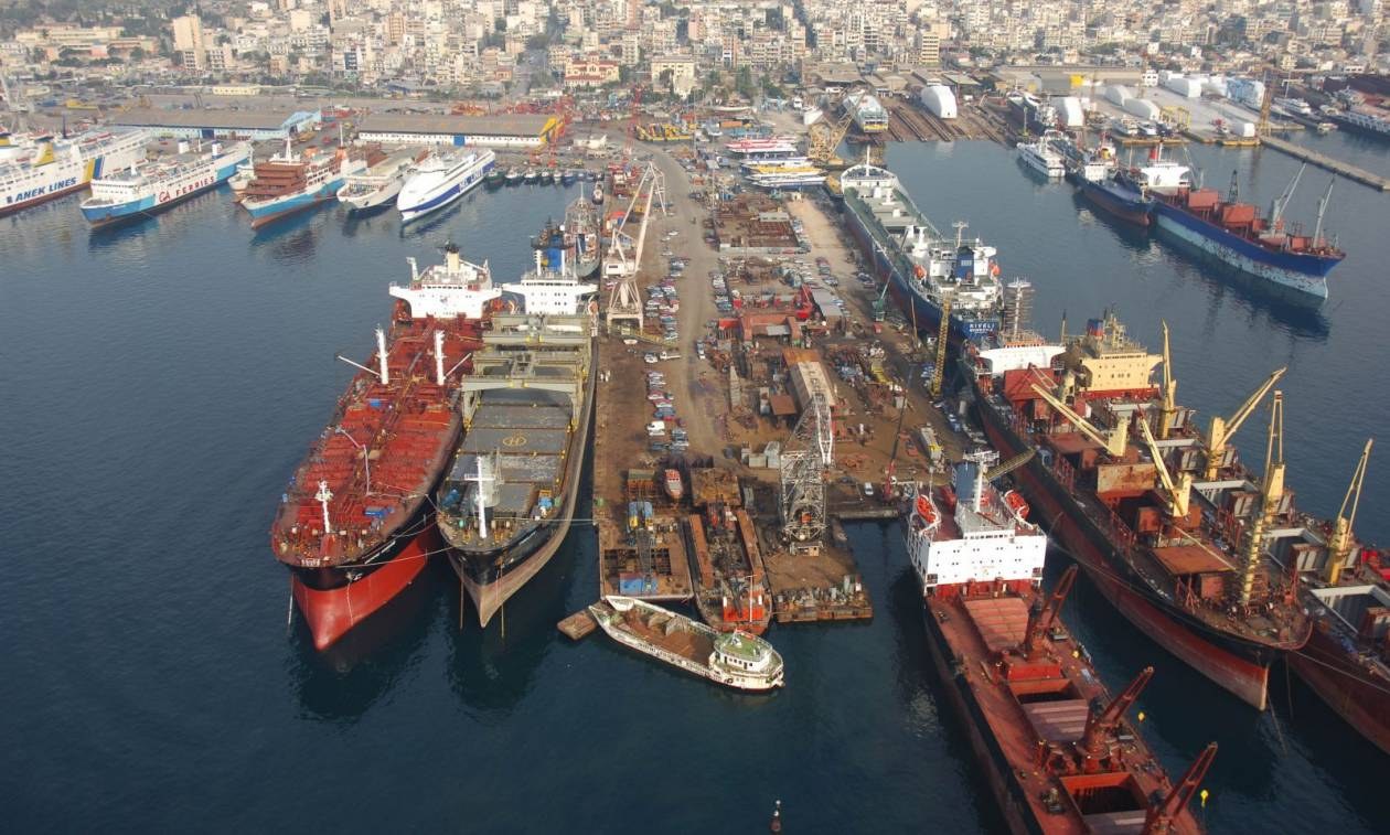Aerial view of the Perama Ship Repair Zone near Piraeus, with tankers, bulk carriers and ferries in the floating and graving docks